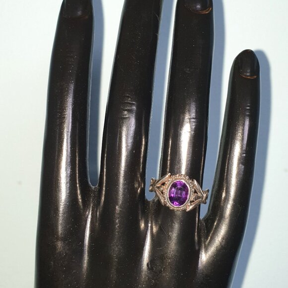 Vintage 9x 6mm Natural Amethyst 925 Sterling Silver Art Nouveau Ring - Picture 3 of 11